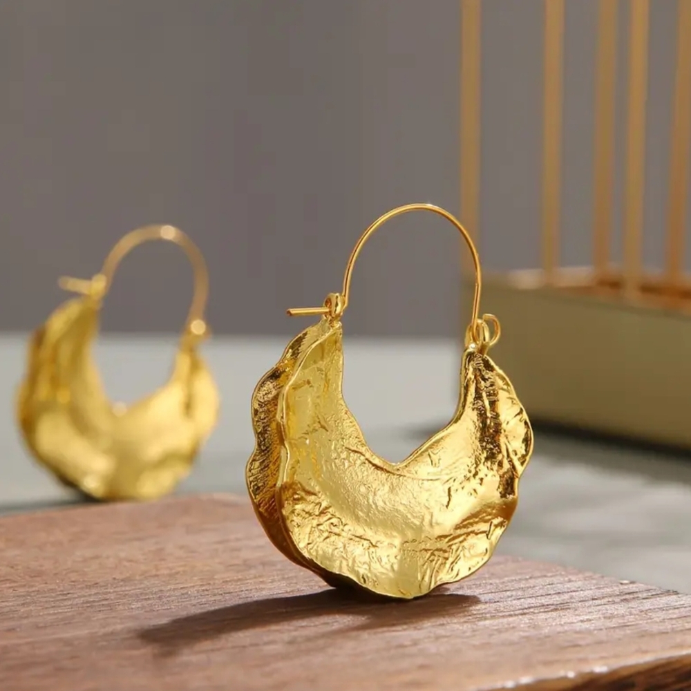 New Chunky Gold Crescent Hoop Fashion Earrings with 18kt.Textured Finish - Picture 6 of 6
